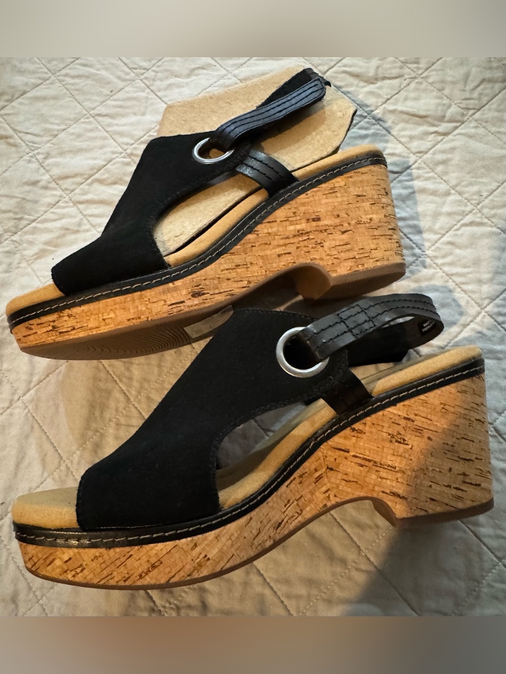 NWT Clarks Black Suede Cork Wedge Sandals size 7.5